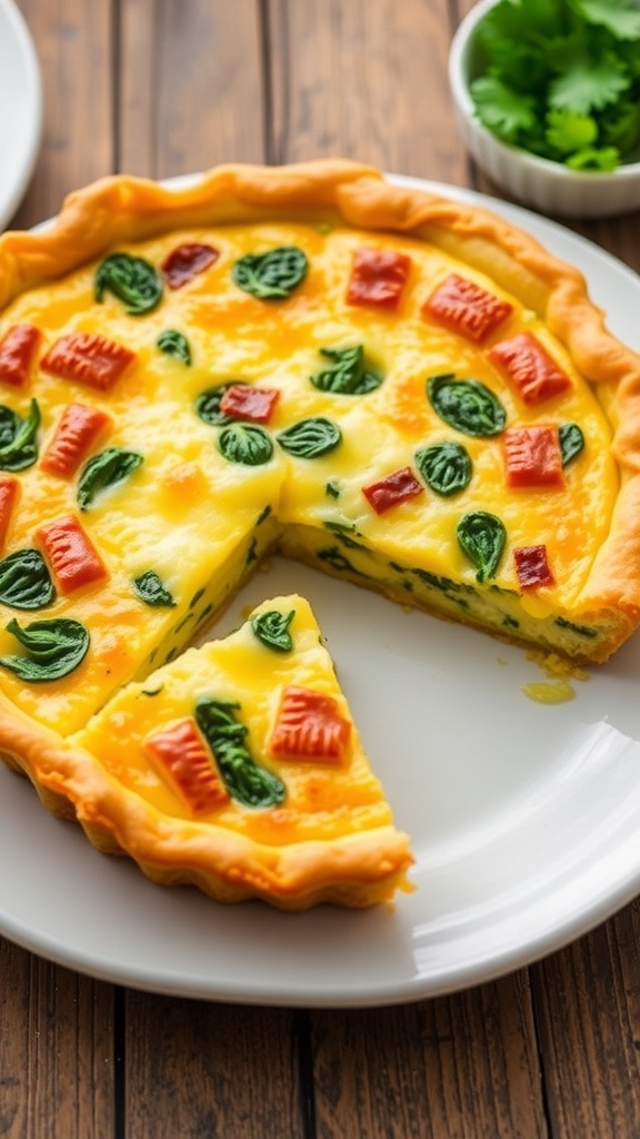 Air fryer spinach and cheese quiche on a plate, with a slice cut out, showcasing the filling.